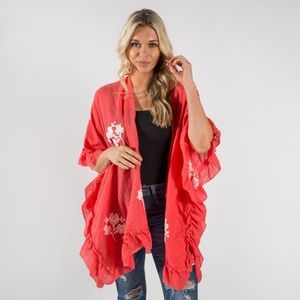 Coral Kimono With Ruffled Edges and Floral Detail